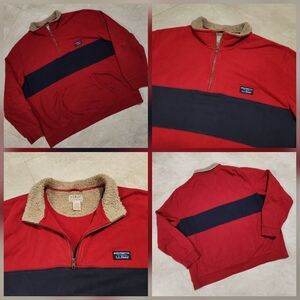LL Bean Mens 2XL Pullover 1/4 Zip Sherpa Fleece Collar Red Stripe Sweatshirt
